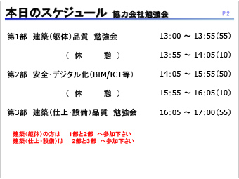 本日のスケジュール 協力会社勉強会（安全・品質・ICT等）