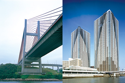 (left) Kap Shui Mun Bridge (Hong Kong) Cable-stayed road-railway bridge linking the airport and the city, the longest of its kind in the world　(right) The Tokyo Towers (Japan) Huge condominium, the tallest in floor count