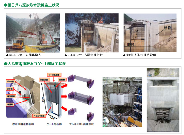 朝日ダムの選択取水設備施工状況、大鳥発電所取水口ゲート部施工状況