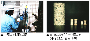 小径コア採取状況、Φ100コア(左)と小径コア(中Φ22.5、右Φ18.5)