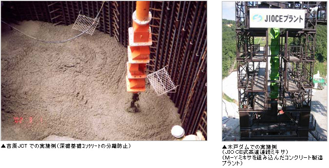 吉原JCTでの実施例(深礎基礎コンクリートの分離防止)、木戸ダムでの実施例(JIO CE式高速連続ミキサ)(M-Yミキサを組み込んだコンクリート製造プラント)