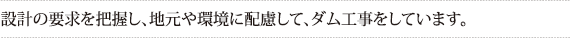 設計の要求を把握し、
地元や環境に配慮して、
ダム工事をしています。