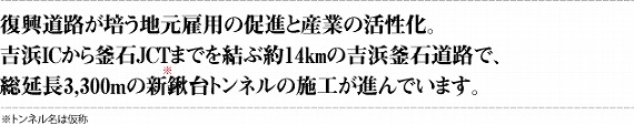 復興道路が培う地元雇用の促進と産業の活性化。吉浜ＩＣから釜石ＪＣＴまでを結ぶ約14㎞の吉浜釜石道路で、総延長3,300ｍの新鍬台トンネルの施工が進んでいます。