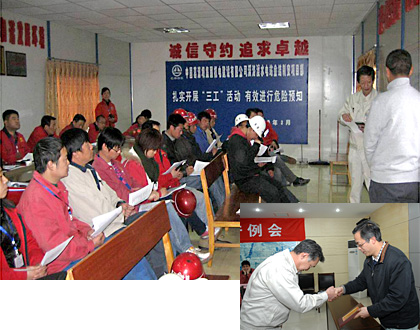 (left) A safety training course in China　(right) Receiving a safety award in China